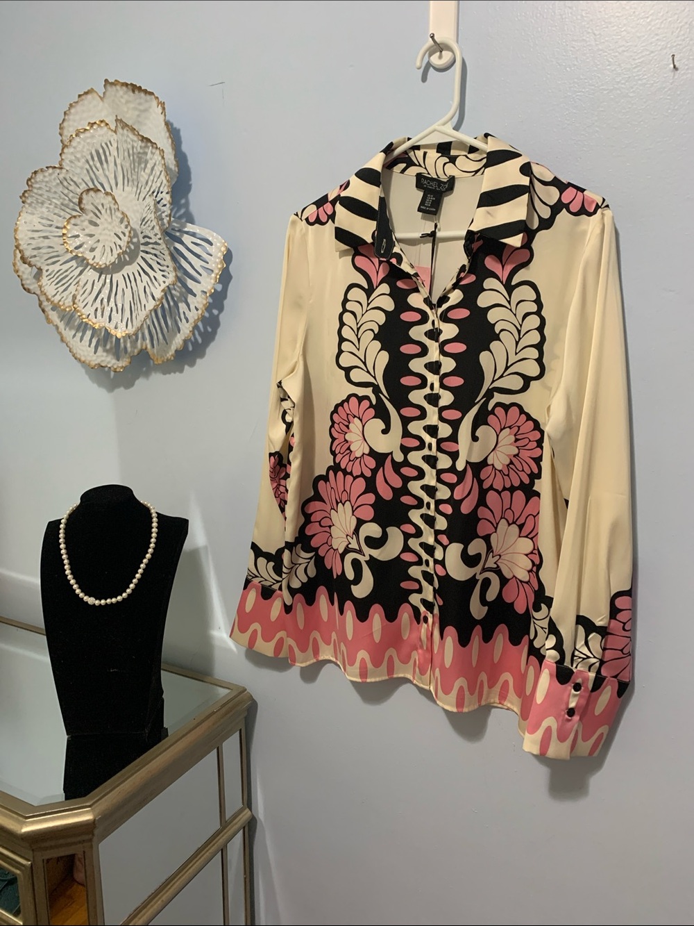 Rachel Zoe NWT Cream, Pink & Black Decorative Print Button-Down Blouse